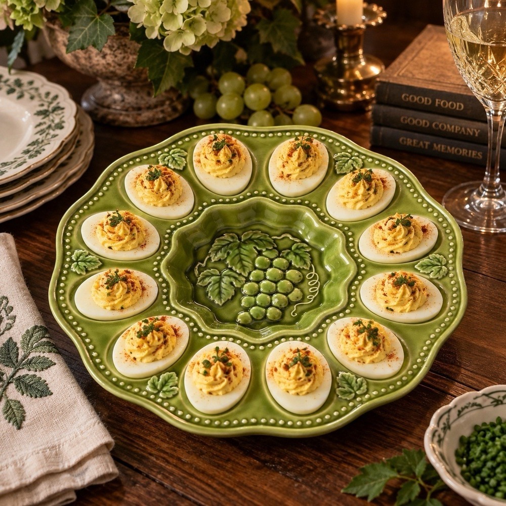 Vintage Avocado Green Ceramic Deviled Egg Platter Grape Vine 12 Egg Serving Tray